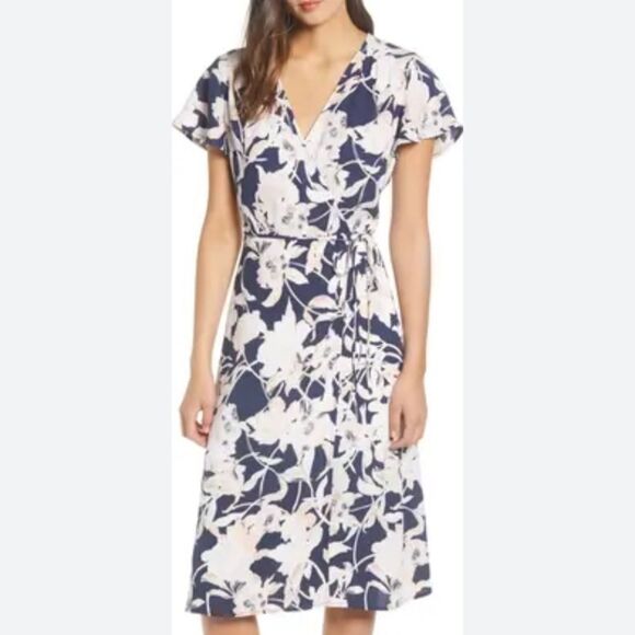 Leith Dress M Rehearsal Dinner Floral Midi Wrap Blue - Picture 1 of 12